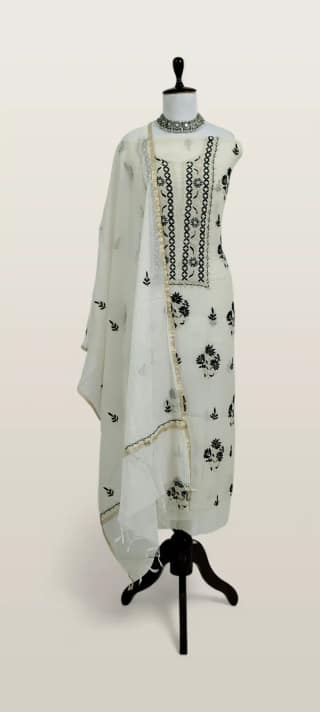 Chikankari Mul Chanderi Dress Material Ivory Black Floral