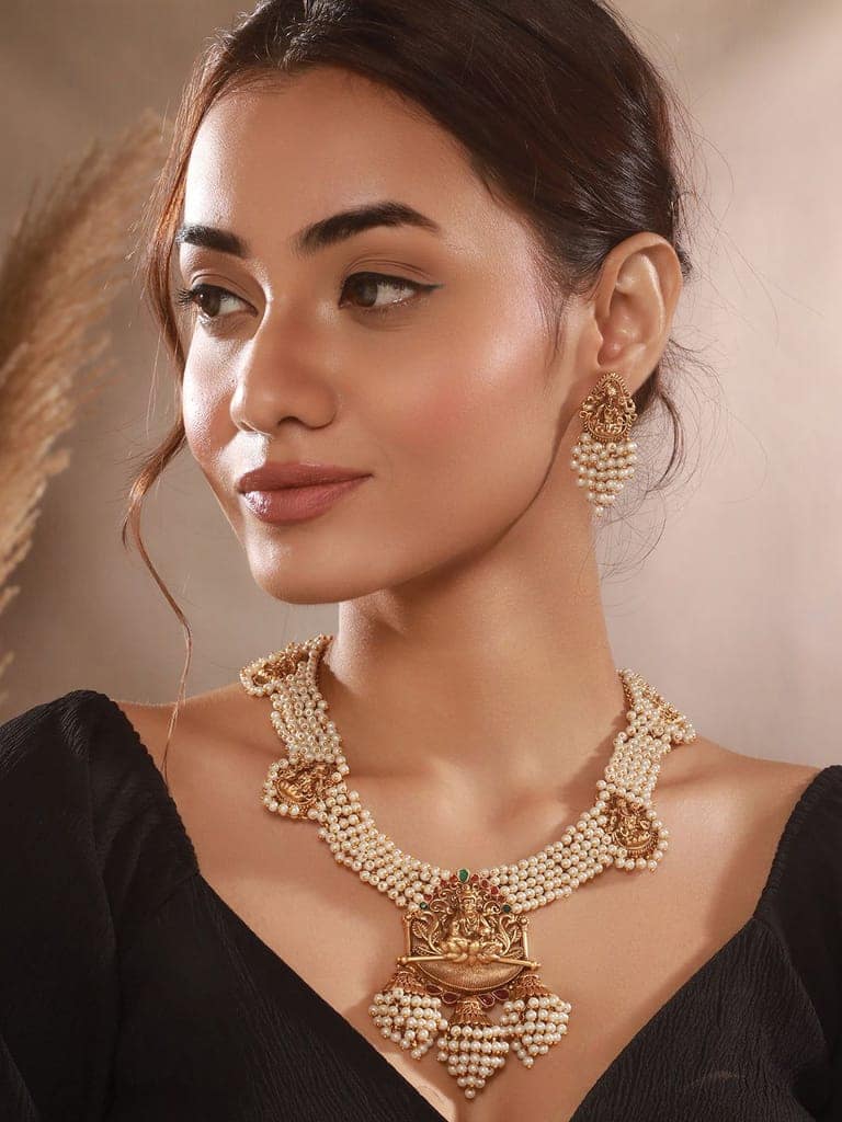 Gold Plated Pearl Beaded Haram Temple Lakshmiji Pendant Jewellery Set view 2