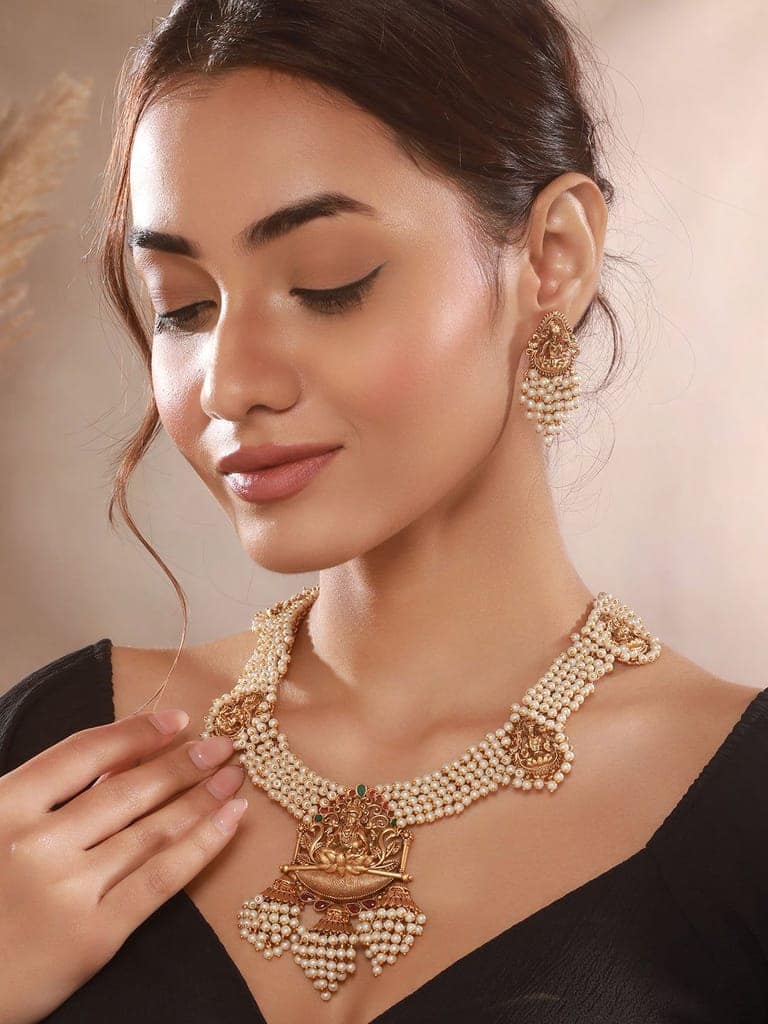 Gold Plated Pearl Beaded Haram Temple Lakshmiji Pendant Jewellery Set view 3