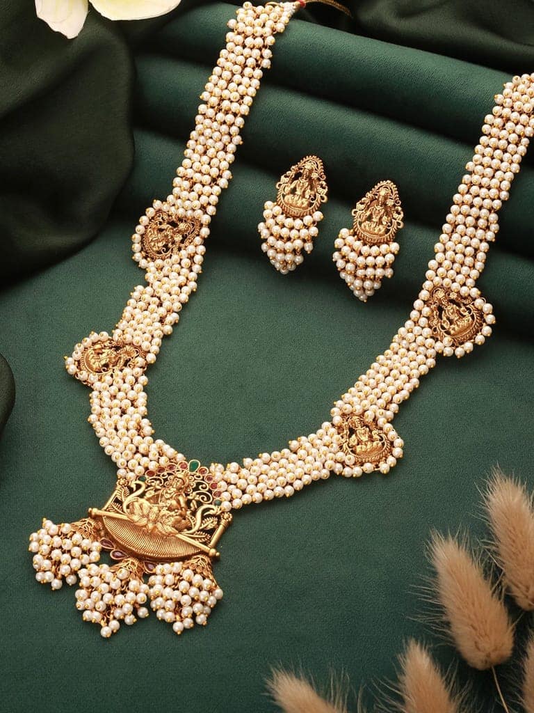 Gold Plated Pearl Beaded Haram Temple Lakshmiji Pendant Jewellery Set view 4