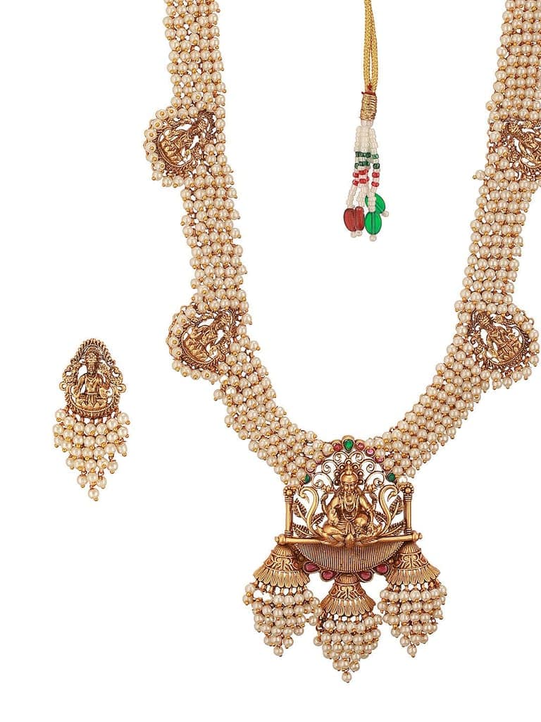 Gold Plated Pearl Beaded Haram Temple Lakshmiji Pendant Jewellery Set view 5