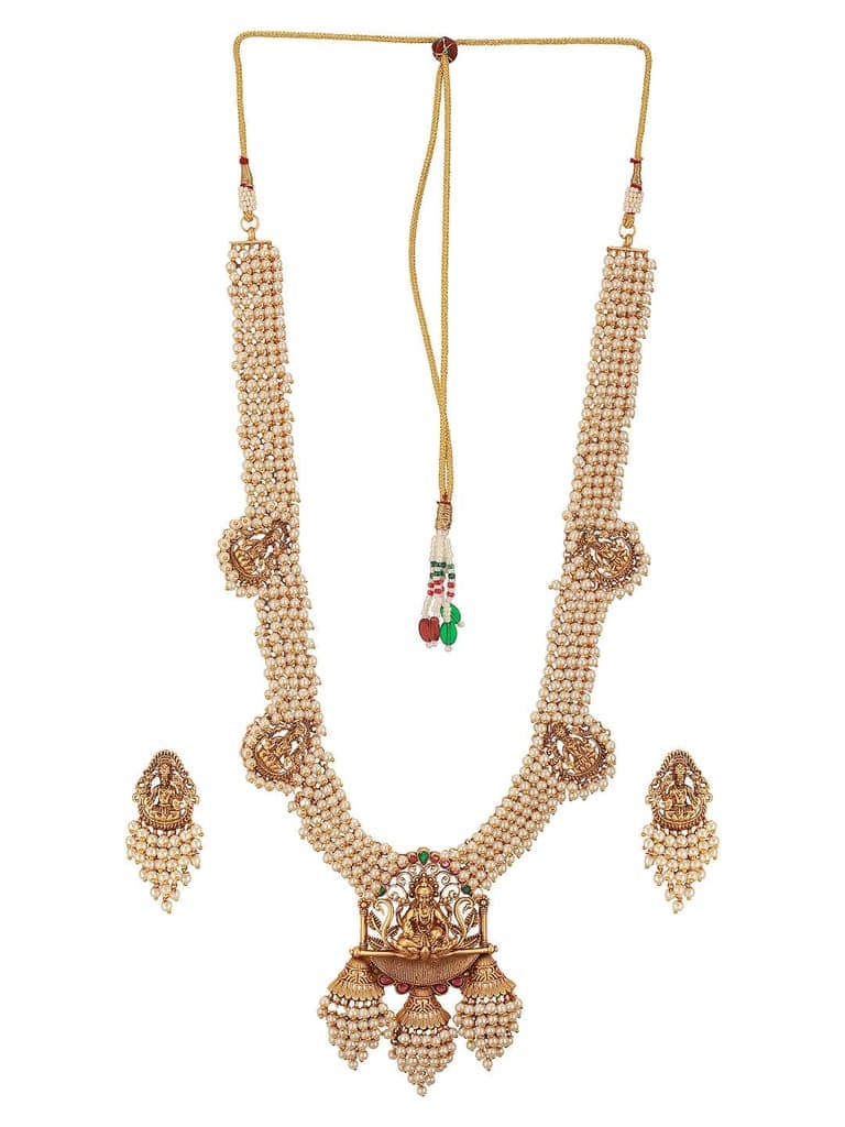 Gold Plated Pearl Beaded Haram Temple Lakshmiji Pendant Jewellery Set view 6