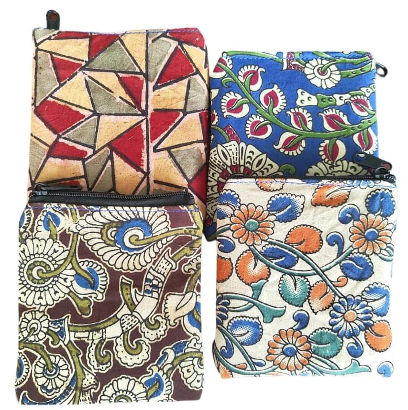 4-Pack of Handmade Cotton Coin Purses with Zipper Closure and Unique Kalamkari Designs view 2