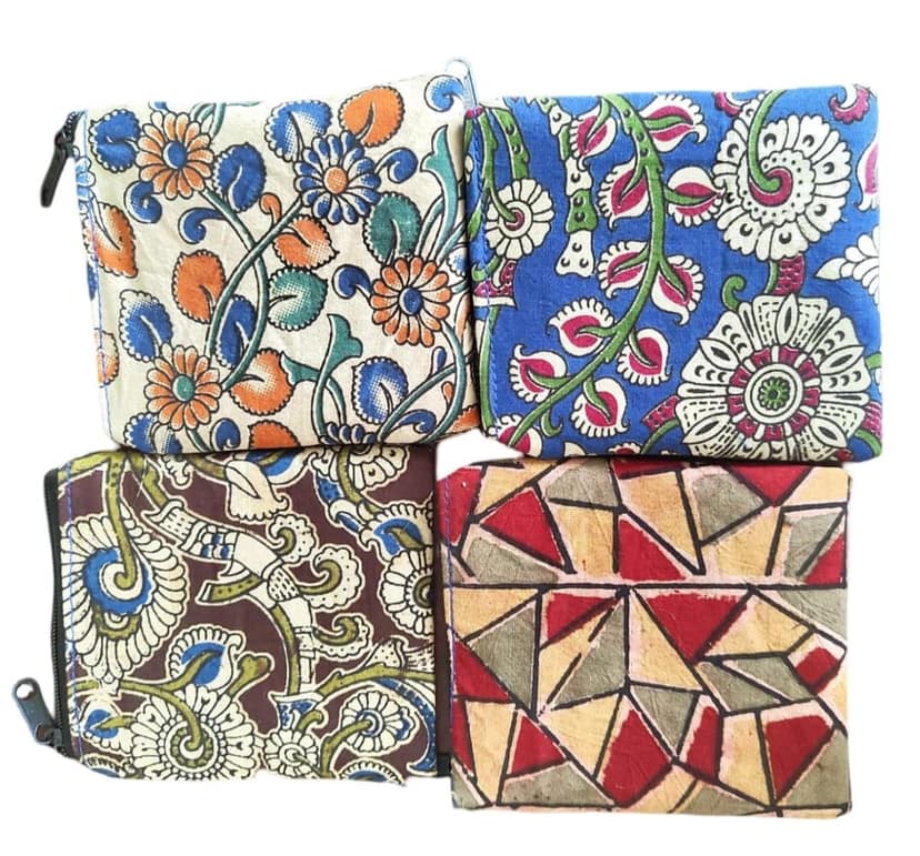 4-Pack of Handmade Cotton Coin Purses with Zipper Closure and Unique Kalamkari Designs view 3