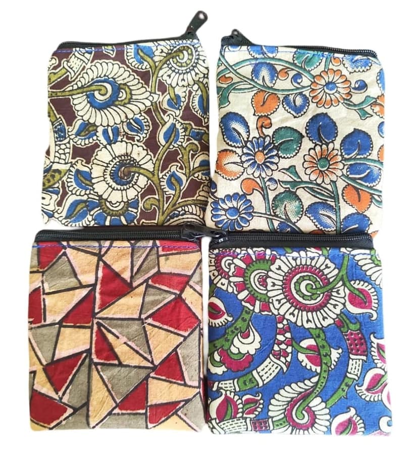 4-Pack of Handmade Cotton Coin Purses with Zipper Closure and Unique Kalamkari Designs view 4