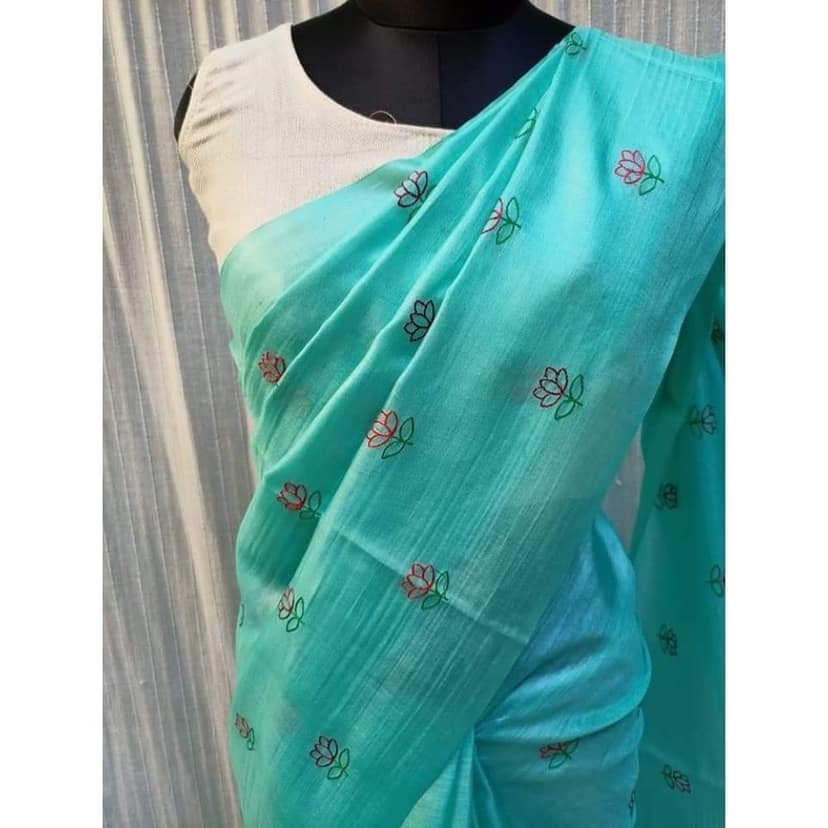 Silkmark Certified Pure Tussar Silk Embroidered Handloom Blue Saree with Blouse (Tussar by Tussar)-9163 view 2