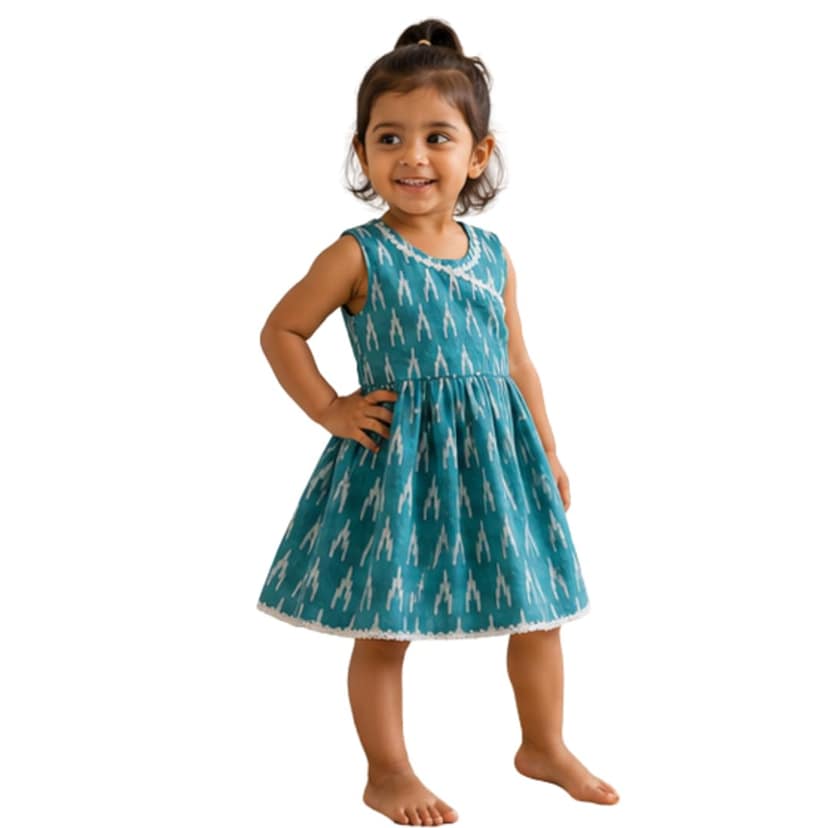 Mom and Me Baby Girls Muslin Cotton Frock | Soft Summer Dress with Cotton Lining | Sleeveless Ikat Print Dress | Back Zip & Tie-Up Belt Age 0–5 Years (in, Age, 6 Months, 12 Months, Regular, Pista)