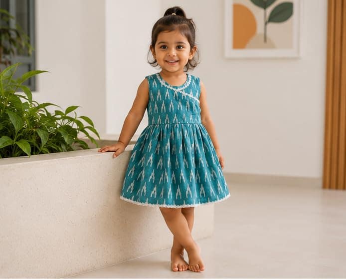 Mom and Me Baby Girls Muslin Cotton Frock | Soft Summer Dress with Cotton Lining | Sleeveless Ikat Print Dress | Back Zip & Tie-Up Belt Age 0–5 Years (in, Age, 6 Months, 12 Months, Regular, Pista) view 2