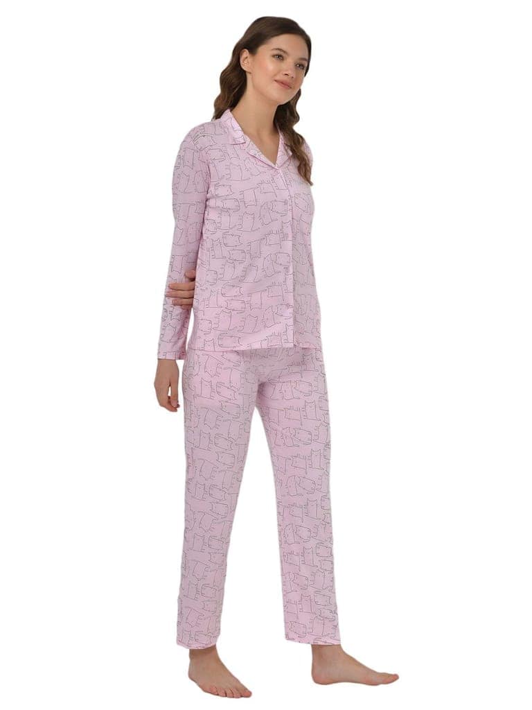 Klamotten Women's Baby Pink Allover Printed Top Pyjama Set N55Rb view 4