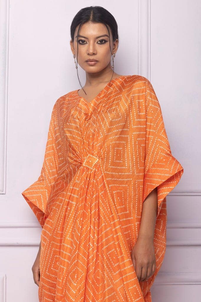 Orange Printed Silk Kaftan view 3