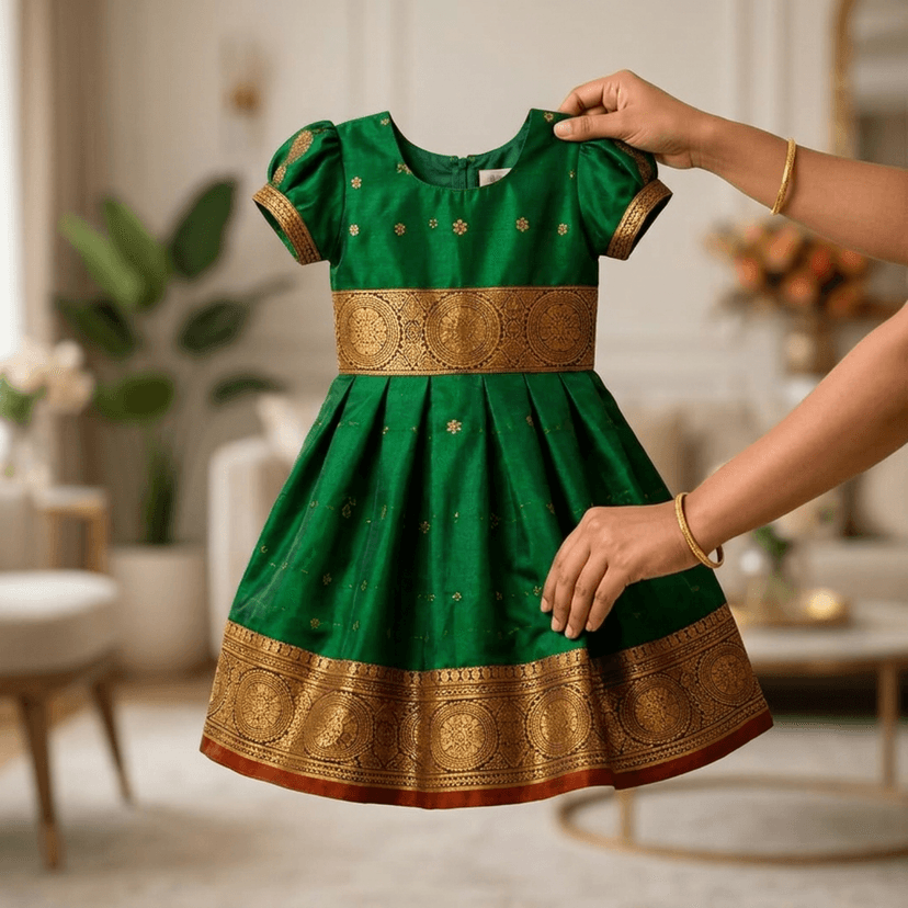 Mom and Me Baby Girl Satin Frock for Parties, Birthdays & Weddings | Elegant Toddler Dress with Balloon Sleeves & Zipper Closure | Age 0-2 Years (in, Age, 18 Months, 24 Months, Green) view 3