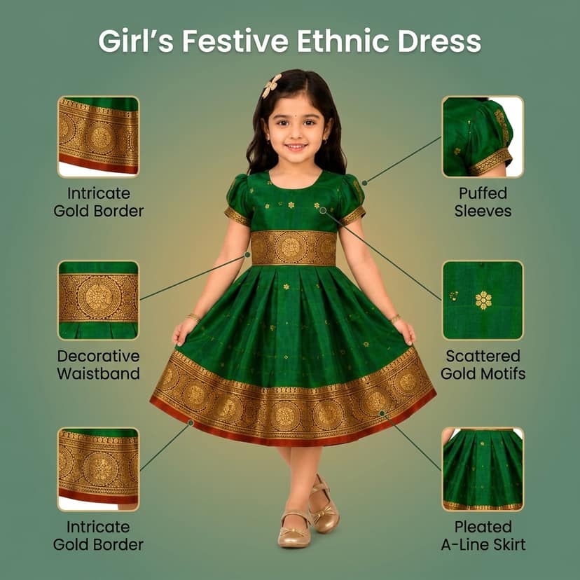 Mom and Me Baby Girl Satin Frock for Parties, Birthdays & Weddings | Elegant Toddler Dress with Balloon Sleeves & Zipper Closure | Age 0-2 Years (in, Age, 18 Months, 24 Months, Green) view 4