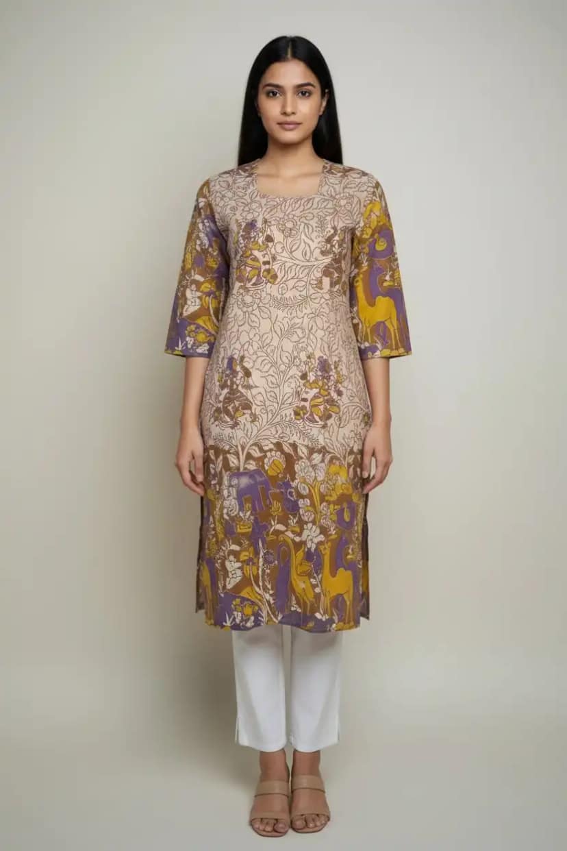 Pedana Kalamkari Cotton Kurti in Khaki Yellow with Animal Motifs