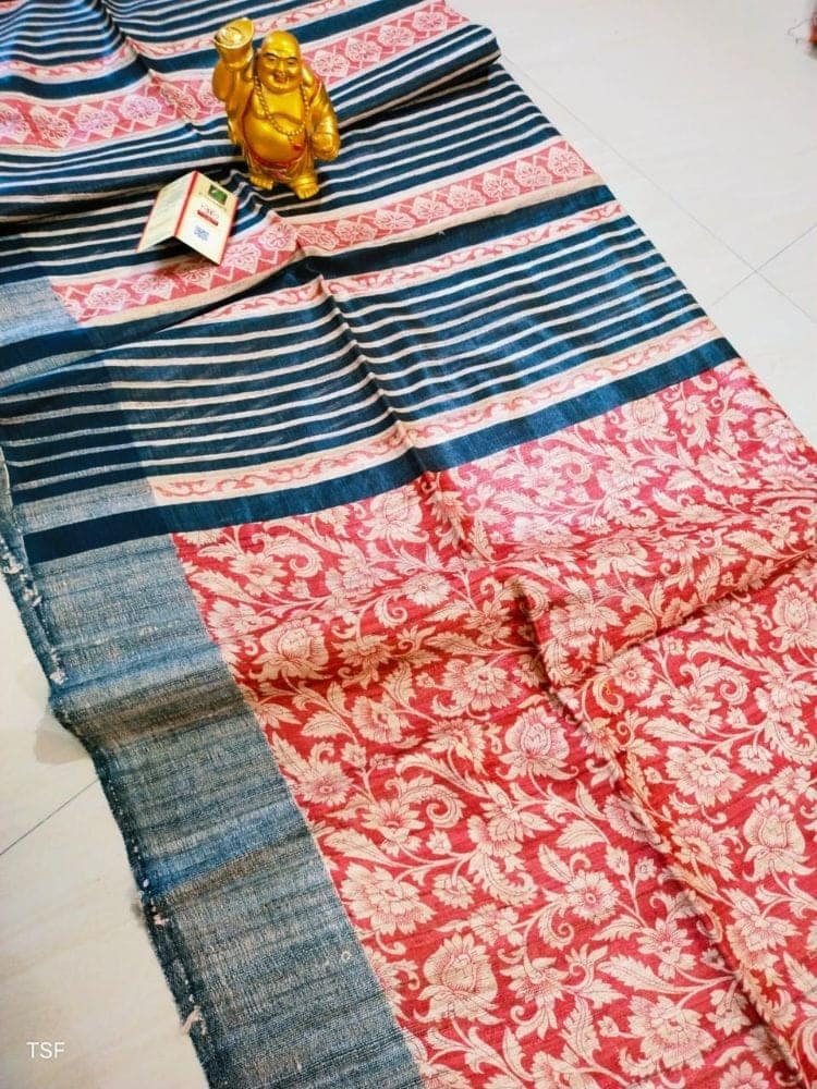 Silkmark Certified Tussar Silk Handloom Handblock Printed Red and Blue Saree with Blouse-9337