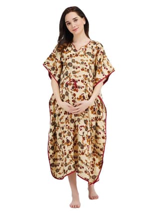 KOI SLEEPWEAR Women's Silk Maternity Kaftan Breastfeeding Gown Dress with Feeding Pocket Maxi Night Gown for Pregnant Women - Cream