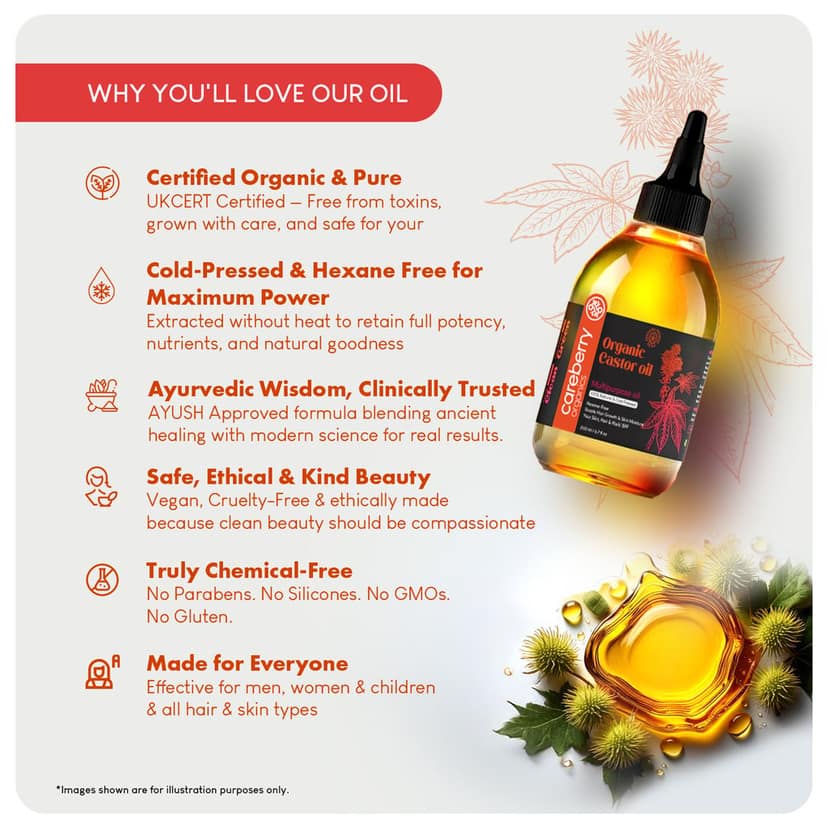 Careberry Organic Cold Pressed Castor Oil (Arandi Oil), Hexane Free, 100% Natural & Cold Pressed, Ayush Certified Ayurvedic 200ml view 6