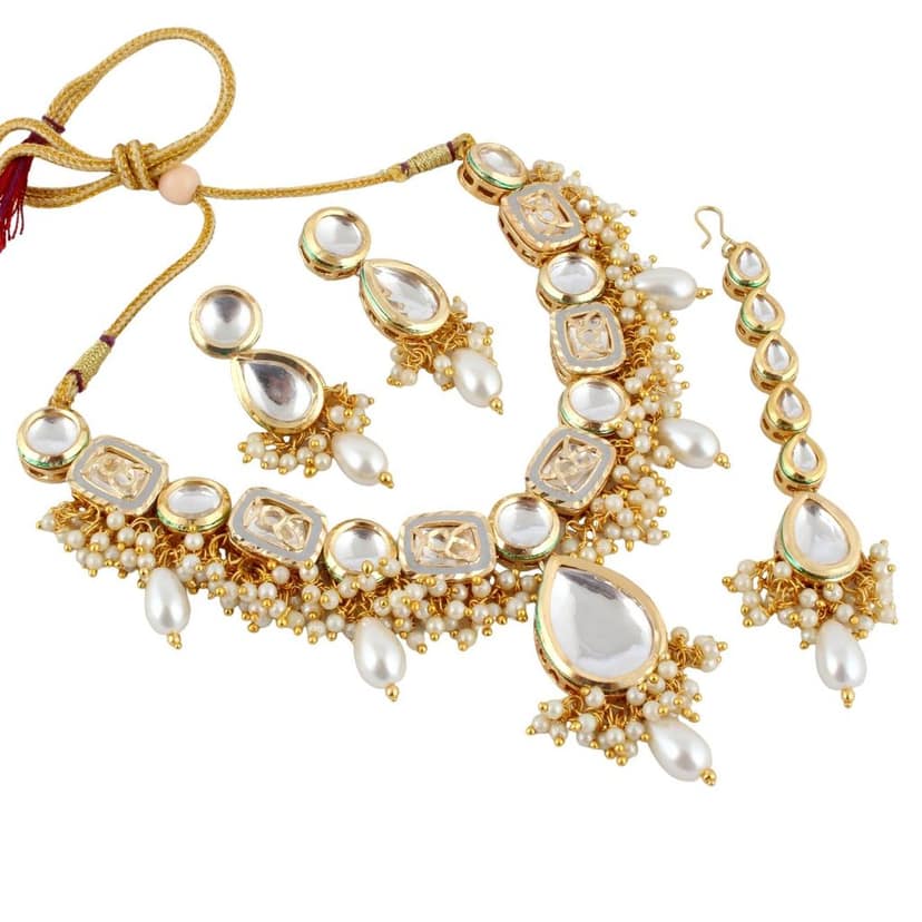 Lucky Jewellery Meenakari 18k Gold Plated Grey Color Tika Earring Combo Uncut Big Faux Kundan Choker Necklace set (911-J5SK-1817-GRW) view 2