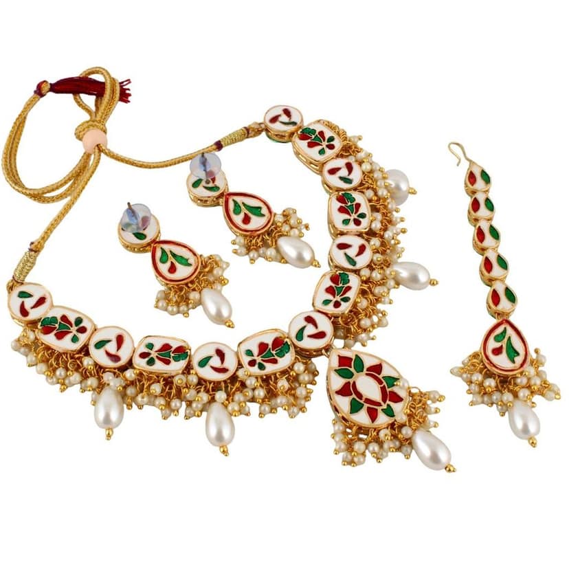 Lucky Jewellery Meenakari 18k Gold Plated Grey Color Tika Earring Combo Uncut Big Faux Kundan Choker Necklace set (911-J5SK-1817-GRW) view 3