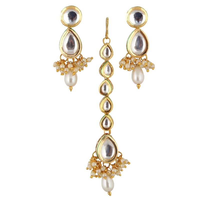 Lucky Jewellery Meenakari 18k Gold Plated Grey Color Tika Earring Combo Uncut Big Faux Kundan Choker Necklace set (911-J5SK-1817-GRW) view 4