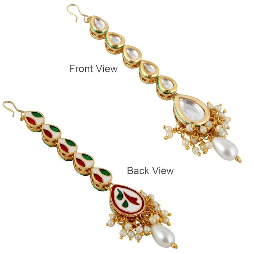 Lucky Jewellery Meenakari 18k Gold Plated Grey Color Tika Earring Combo Uncut Big Faux Kundan Choker Necklace set (911-J5SK-1817-GRW) view 5