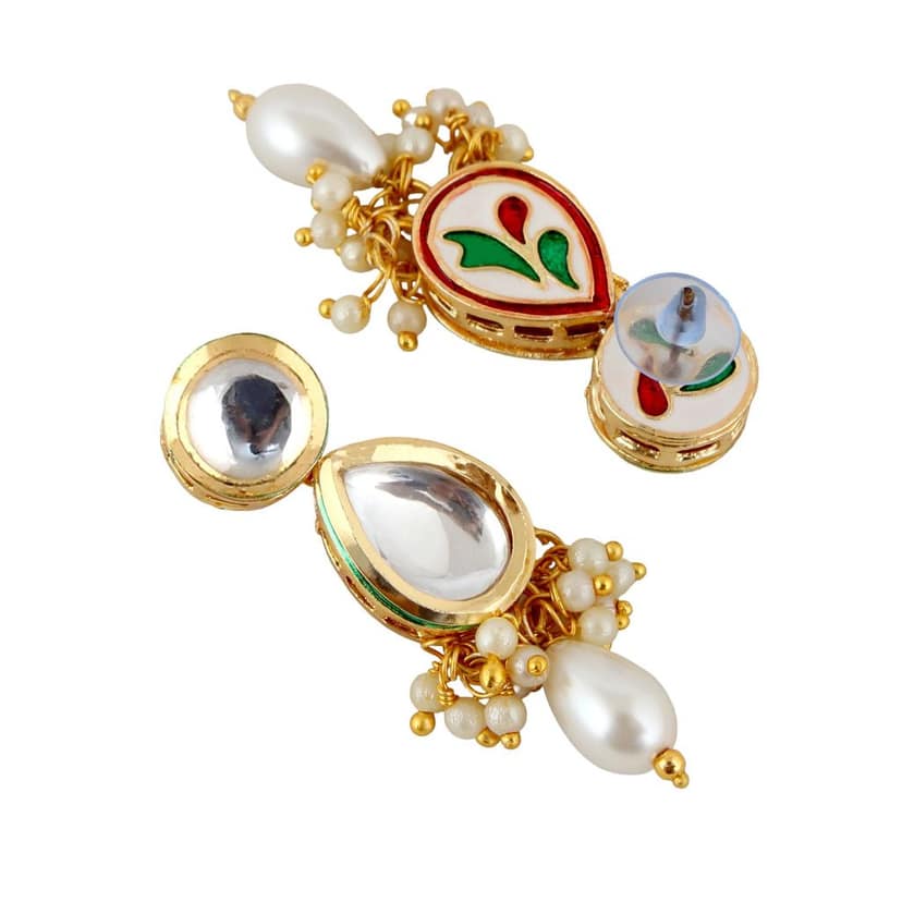 Lucky Jewellery Meenakari 18k Gold Plated Grey Color Tika Earring Combo Uncut Big Faux Kundan Choker Necklace set (911-J5SK-1817-GRW) view 6