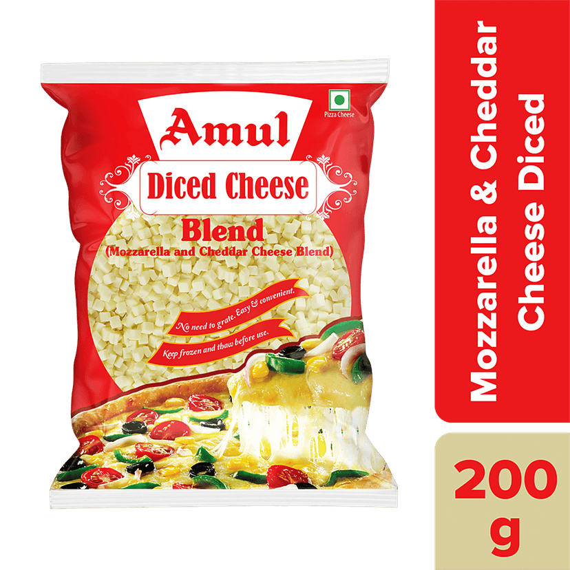Amul Pizza Cheese Diced - Mozzarella & Cheddar Blend, 200 G Pouch