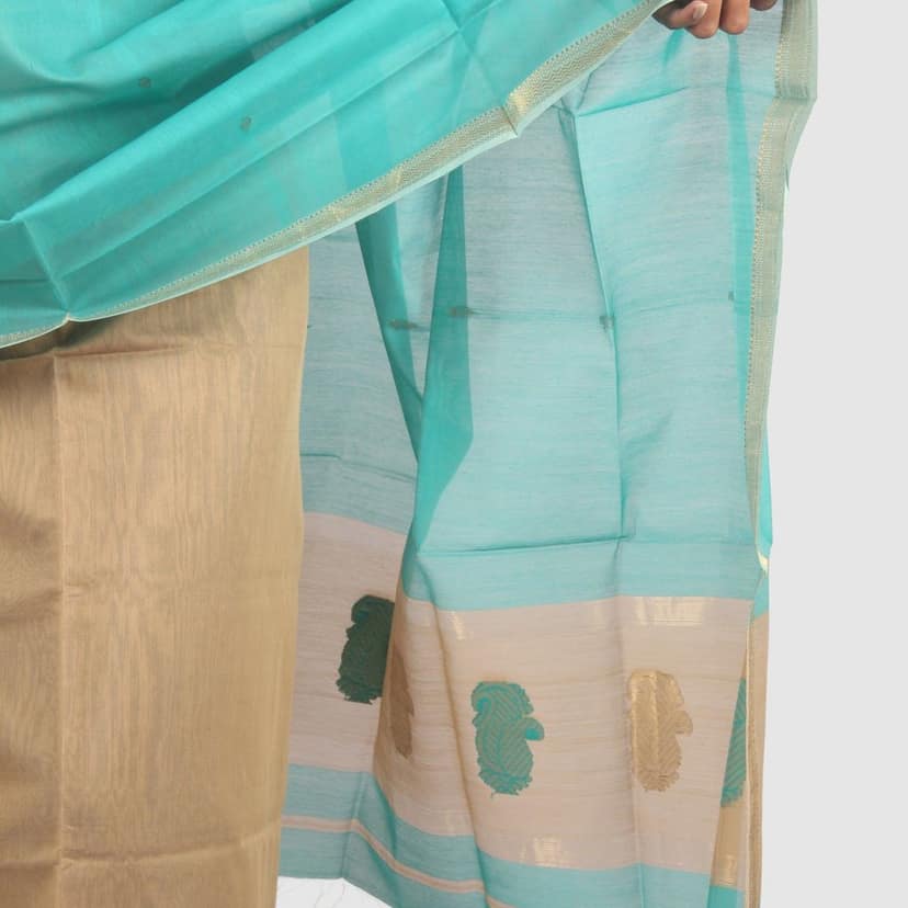 Aqua Green Maheshwari Silk Cotton Suit with Gold Zari Border view 2