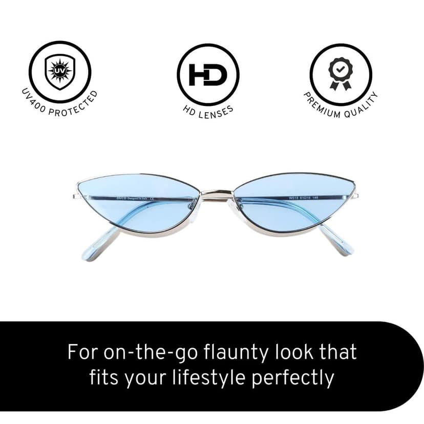 4Flaunt Full Rim Metal Frame Retro Narrow Cute, Stylish & Trending Oval Cat Eye Sunglasses For Women | 100% UV Protected | Medium (58-20-145mm) (C3 - Silver Frame/Blue Lens) view 3