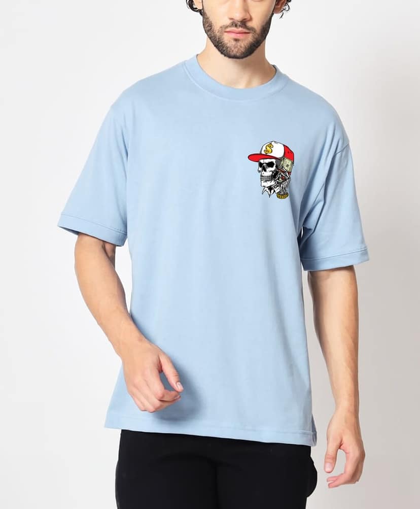 SCOTT FINCHER Men's Blue T-Shirt with 骷髅 Graphic and Red Cap : AA(ARN)LBLUE_196 view 3