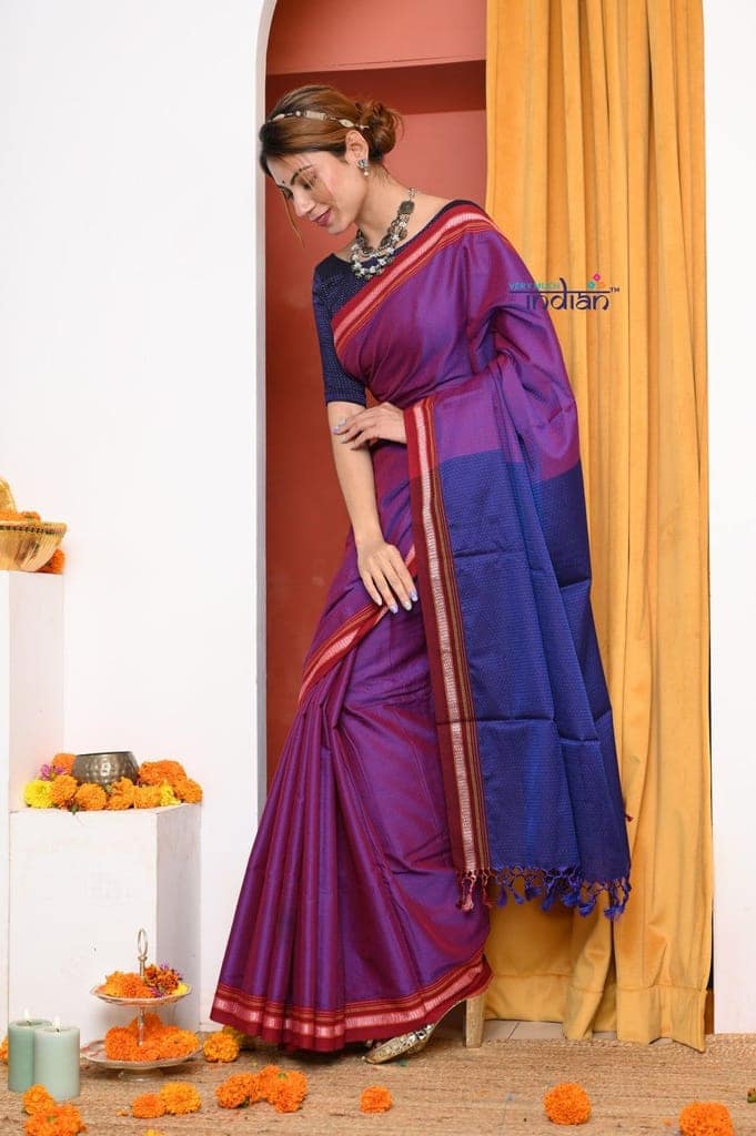 Traditional Khun Cotton Resham Saree, Dual Tone Pink-Purple view 2