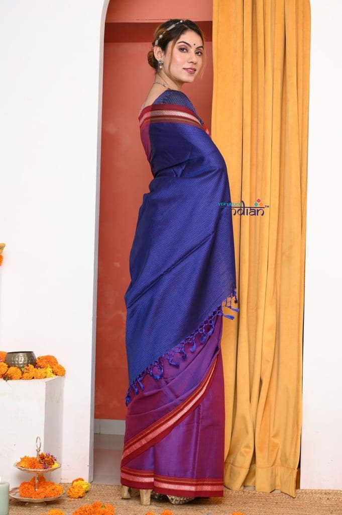 Traditional Khun Cotton Resham Saree, Dual Tone Pink-Purple view 3