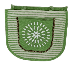 Green and White Striped Hand Embroidered Jute Bag