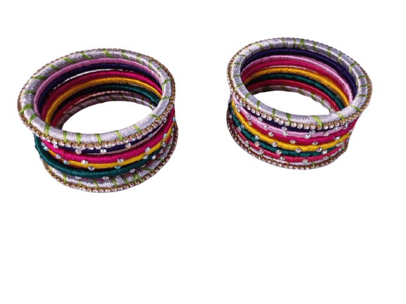 Set of 2, Multicolor Silk Thread Bangles with Stone Work