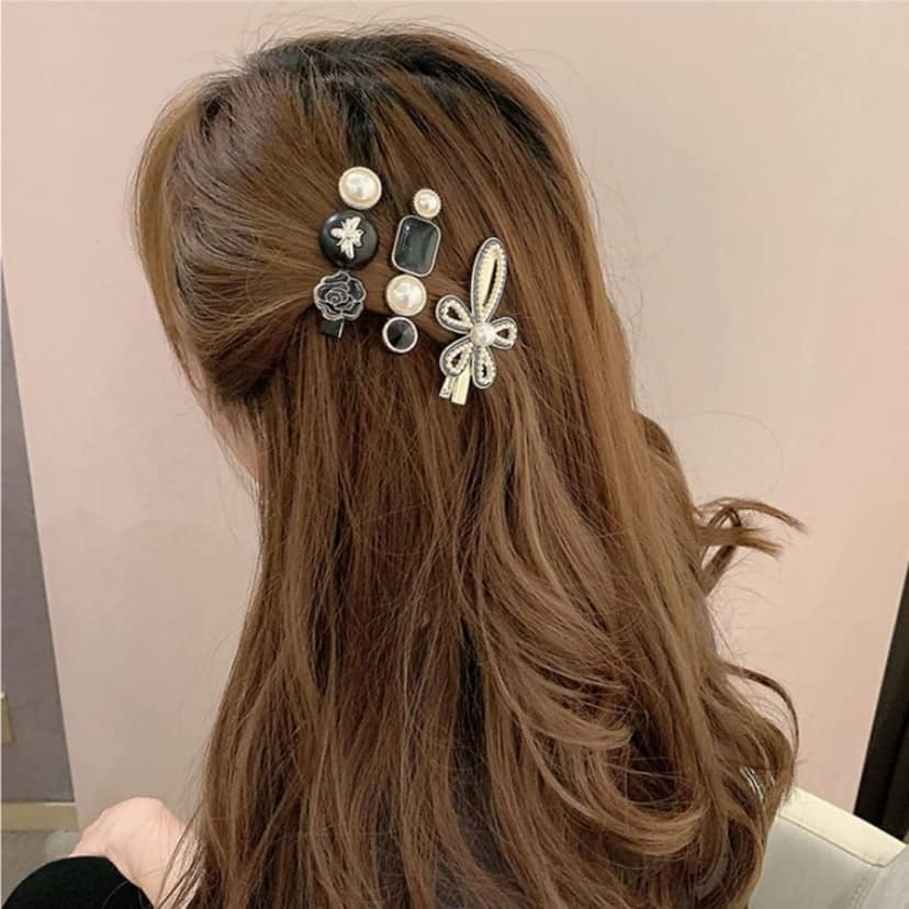 SBEAUTY Korean Fashion Style Pearl Rhinestone Metal Hair Clips Hair Pin Stylish Hair Accessories For Women's And Girls, Black And White 5 Count (Pack of 1) view 5