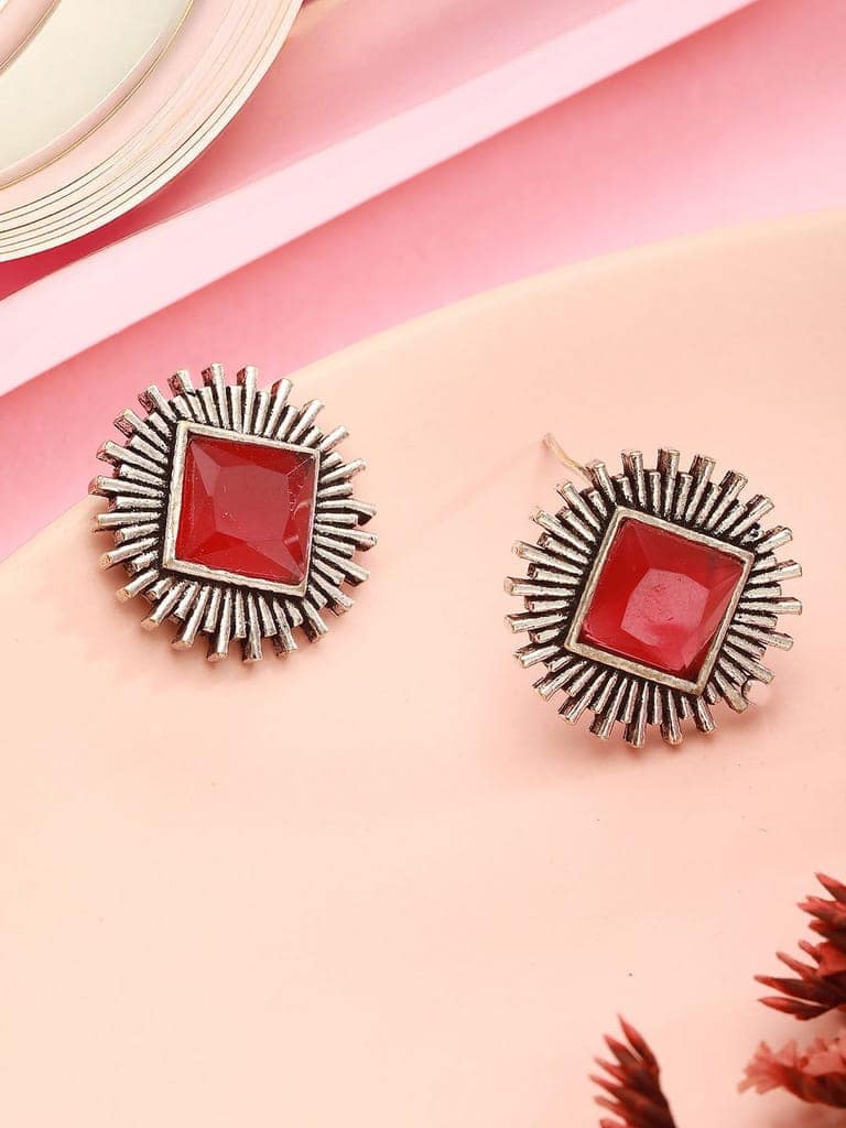 Oxidised Silver Toned Ruby Red Stone Studded Geometric Square Shaped Minimal Studds Earrings view 3