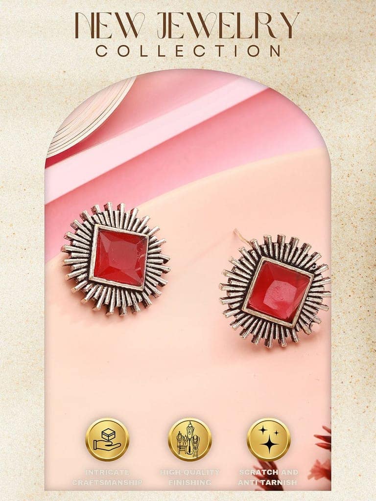 Oxidised Silver Toned Ruby Red Stone Studded Geometric Square Shaped Minimal Studds Earrings view 5