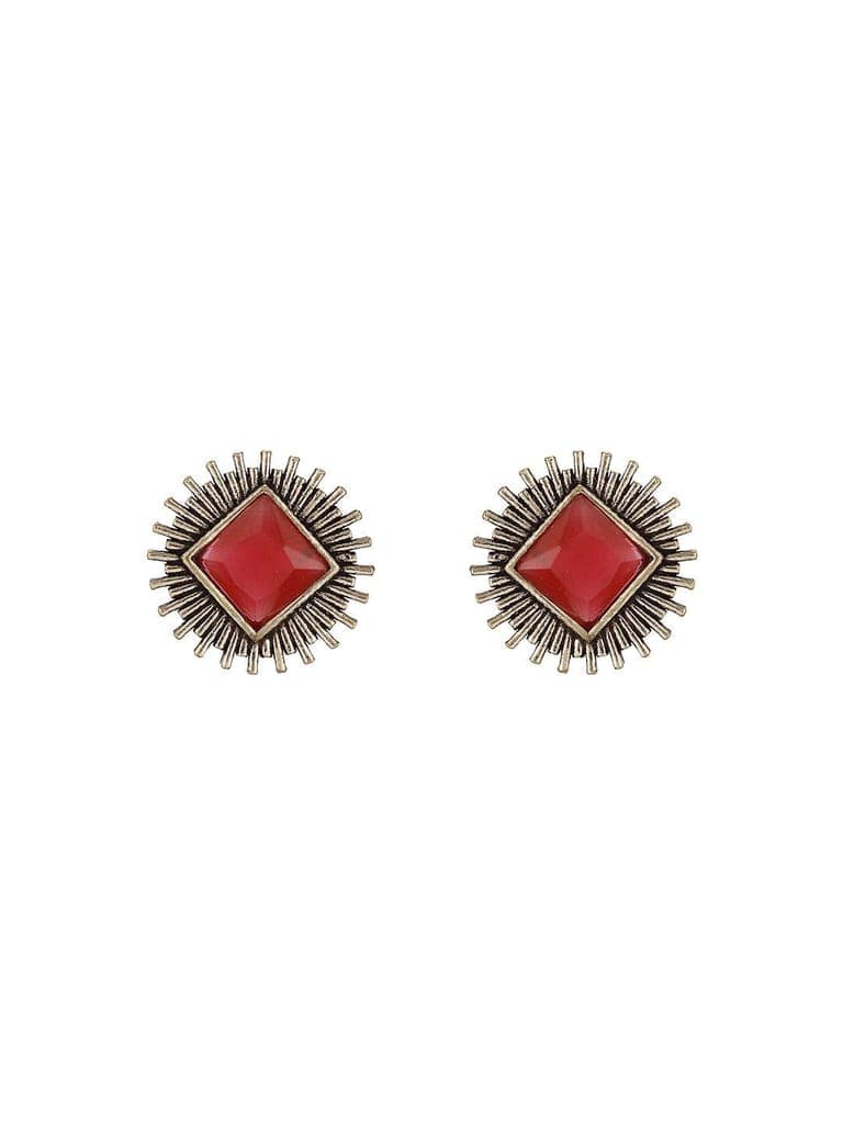 Oxidised Silver Toned Ruby Red Stone Studded Geometric Square Shaped Minimal Studds Earrings view 7