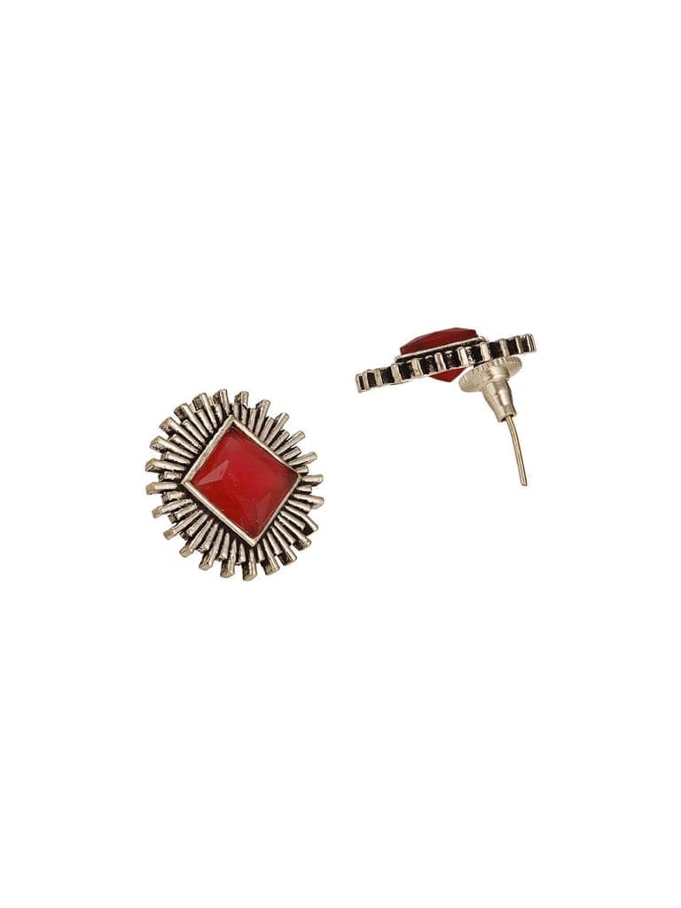 Oxidised Silver Toned Ruby Red Stone Studded Geometric Square Shaped Minimal Studds Earrings view 8