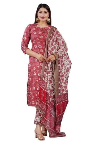 MANMAYEE Women's Cotton Straight Cut Kurti With Pant & Dupatta | Straight Kurti | Pink