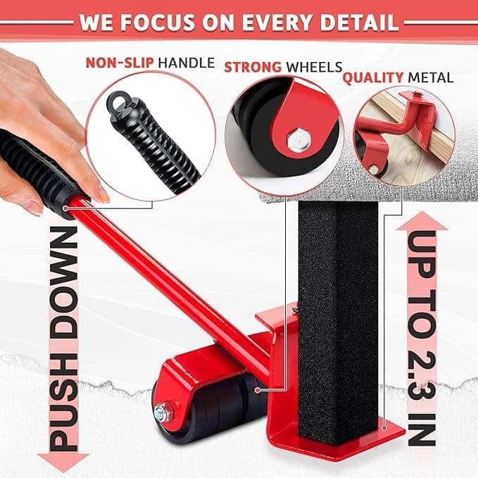 Furniture Movers Slider with Lifter Tool Set, 4 Pieces, 360° Rotational Pads, Heavy Duty, 150 KG Capacity, Red view 2