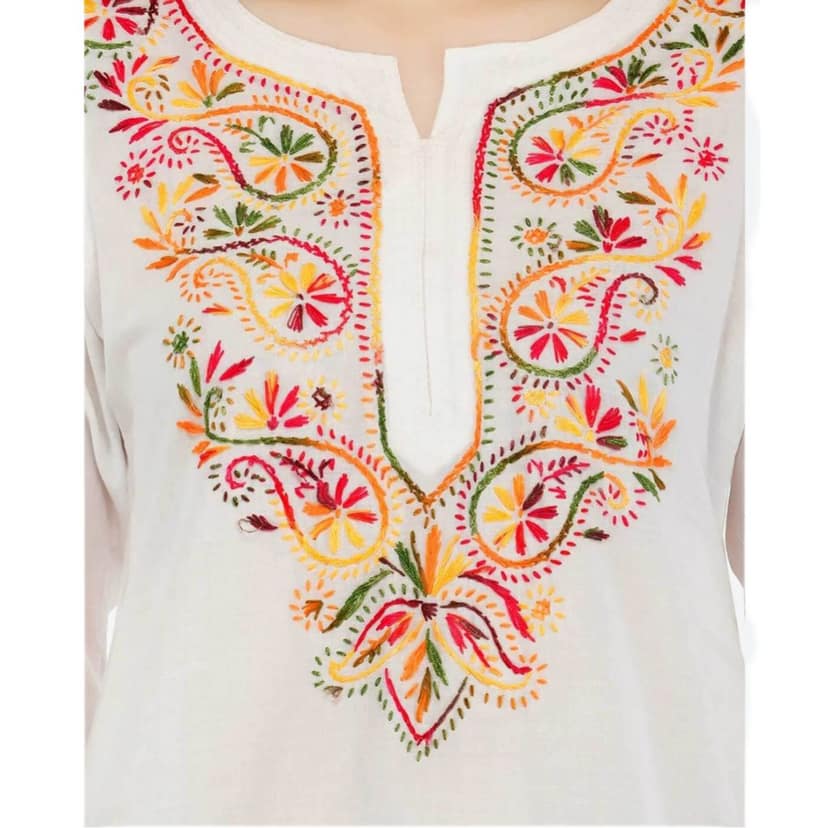 FASHION BONES Pure Cotton Lucknowi Chikankari Short Kurta Kurti top Base Color White with fine Multicolor Chikan Hand Embroidery view 2