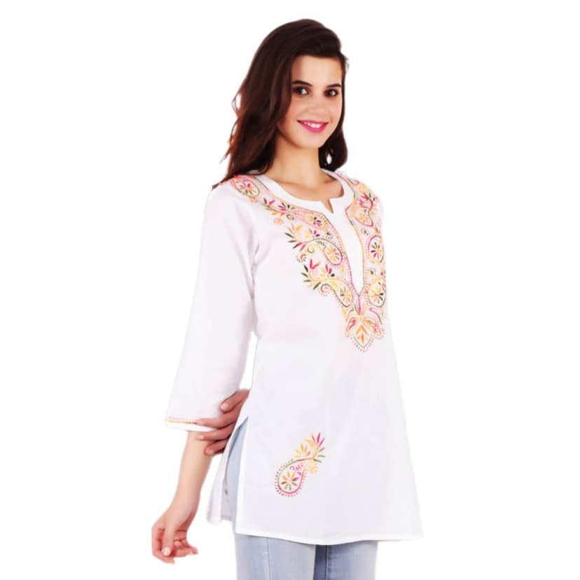FASHION BONES Pure Cotton Lucknowi Chikankari Short Kurta Kurti top Base Color White with fine Multicolor Chikan Hand Embroidery view 3