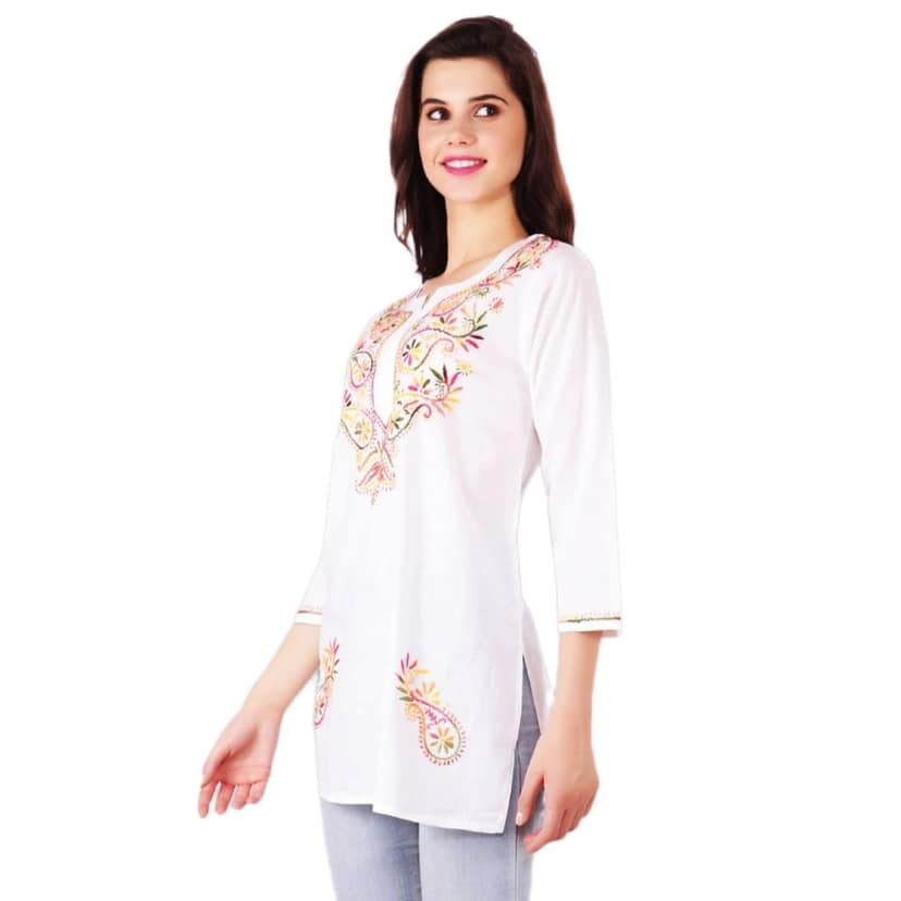 FASHION BONES Pure Cotton Lucknowi Chikankari Short Kurta Kurti top Base Color White with fine Multicolor Chikan Hand Embroidery view 4