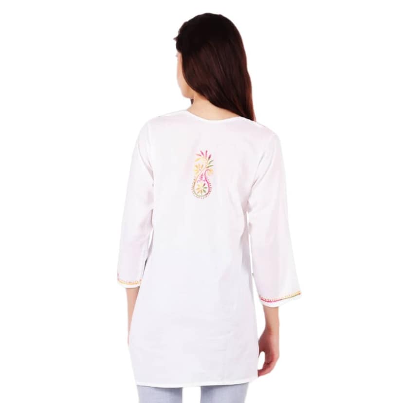 FASHION BONES Pure Cotton Lucknowi Chikankari Short Kurta Kurti top Base Color White with fine Multicolor Chikan Hand Embroidery view 5