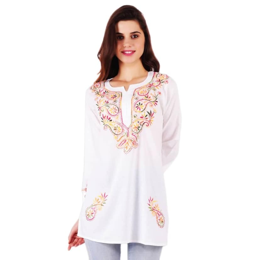 FASHION BONES Pure Cotton Lucknowi Chikankari Short Kurta Kurti top Base Color White with fine Multicolor Chikan Hand Embroidery view 6