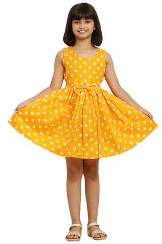 Tripti Enterprises Girls ethnic Printed Frock Yellow Dot With Lining & Bow.