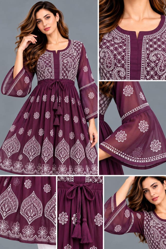 Mrs Right Women’s Short Georgette Gown Frock with Handcrafted Lucknowi Chikankari Embroidery | Umbrella Sleeves | Adjustable Waist Belt | Thigh Length view 2