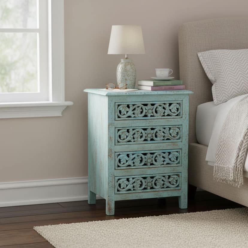 Handicraft Carved Nightstand, Wooden Stoarge Sideboard, Home Decors Storage Nightstand