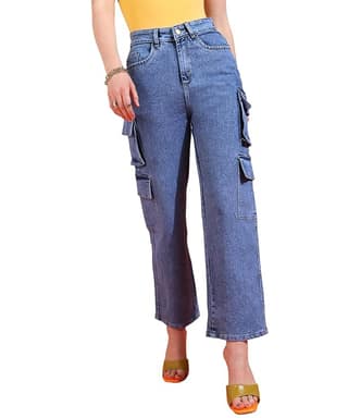 Glossia Fashion Women Cargo Jeans | High Waist Stretchable Wide Leg Straight Fit Denim| Boyfriend Jeans for Women - Blue, 38