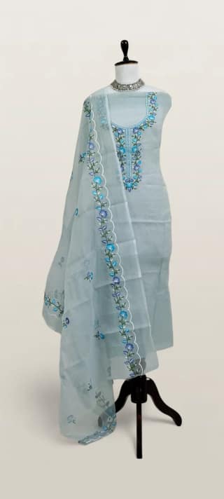 Kota Doria Dress Material Greyish Blue Floral Yoke